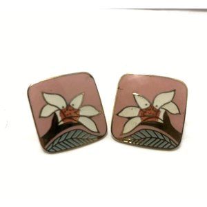 Laurel Burch Cloisonné Enamel Post Earrings Wild Lily Pink Blue White Vintage-